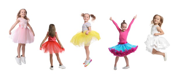 Cute little girls dancing and jumping on white background, set of photos