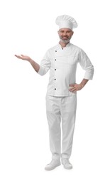 Happy chef in uniform posing on white background