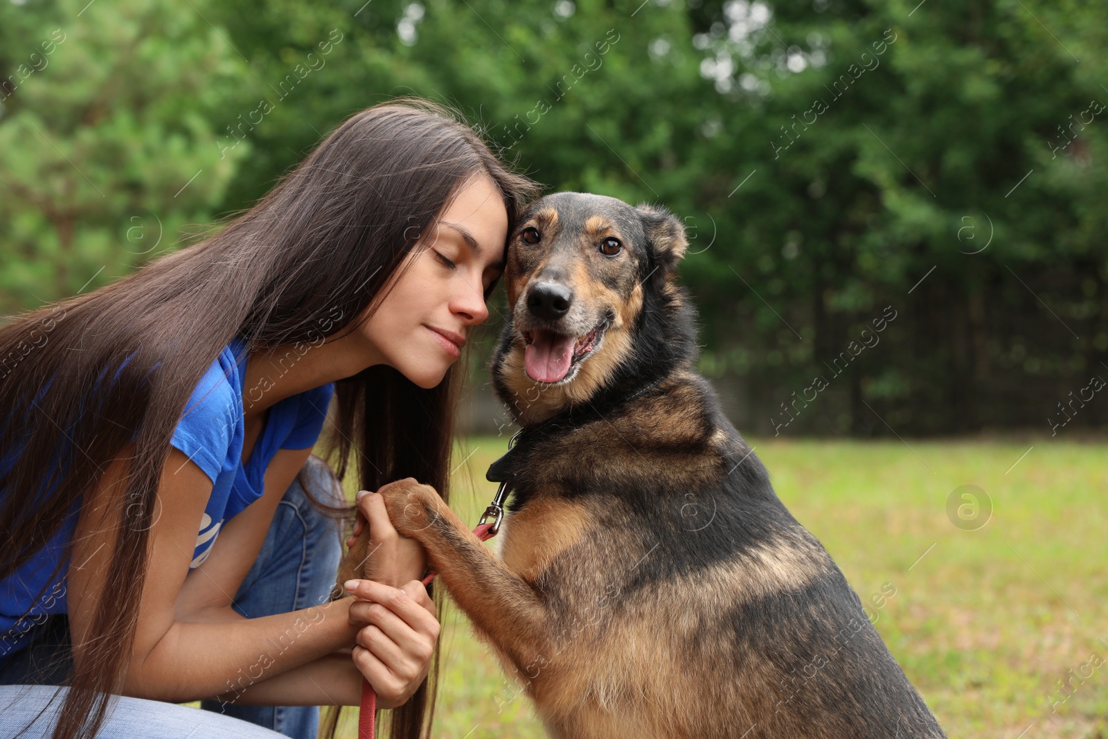 Photo of Female volunteer with homeless dog at animal shelter outdoors