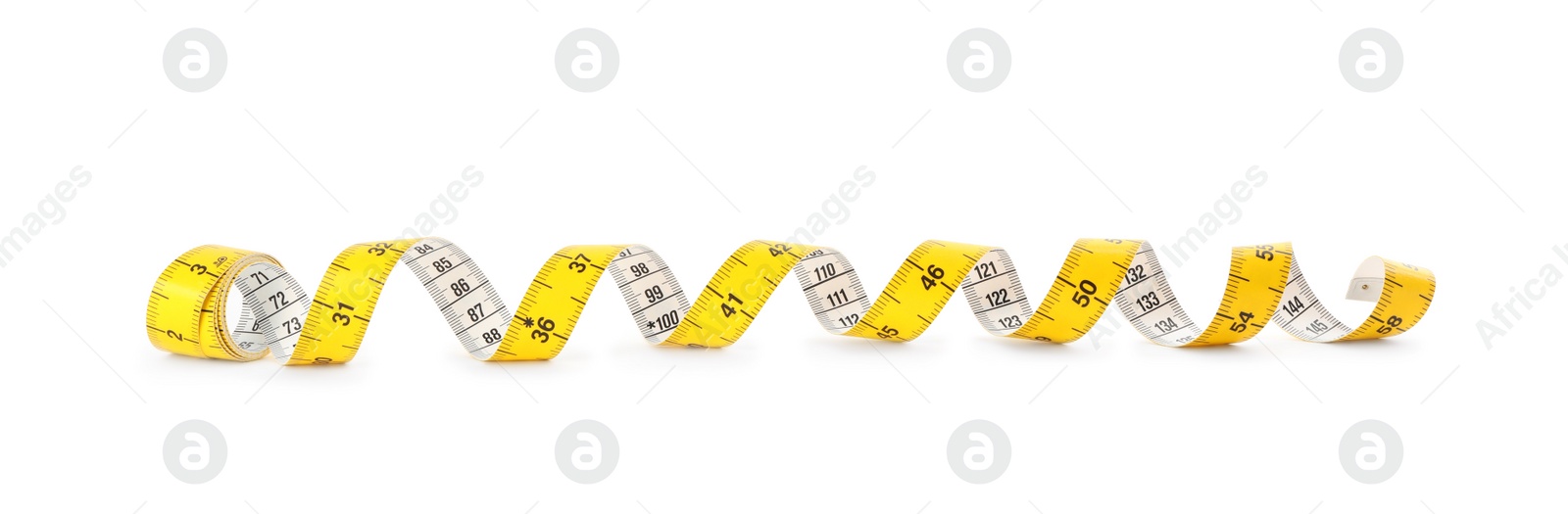 Photo of New yellow measuring tape isolated on white