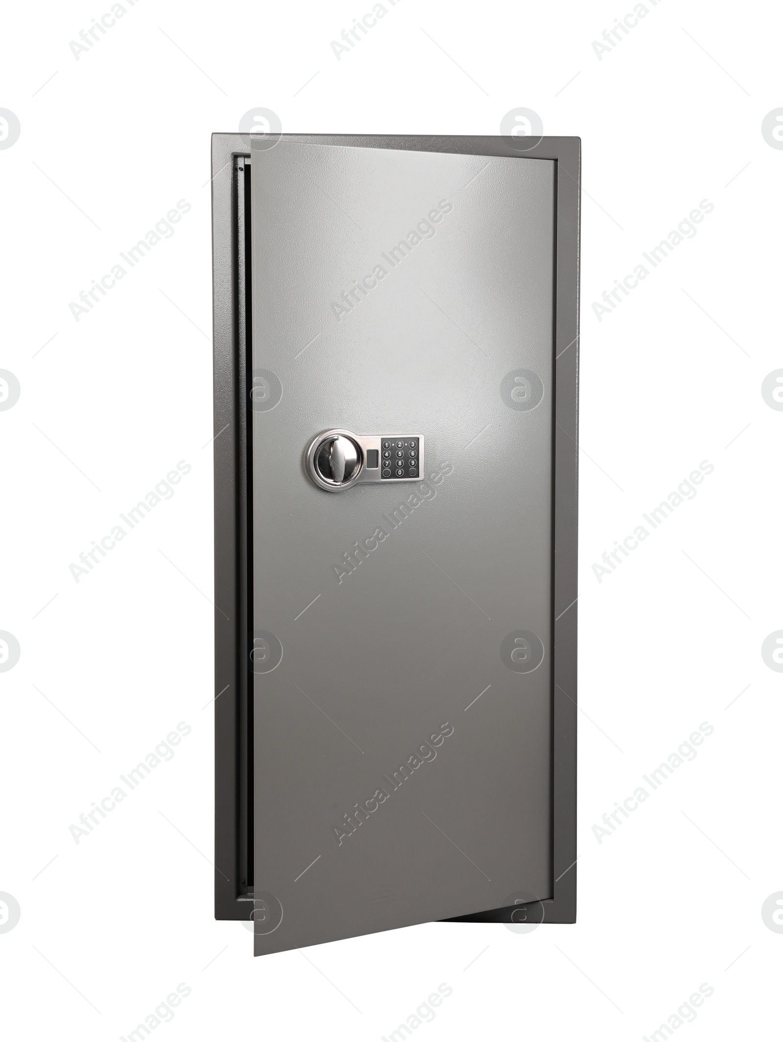 Image of Big steel safe with electronic lock on white background 