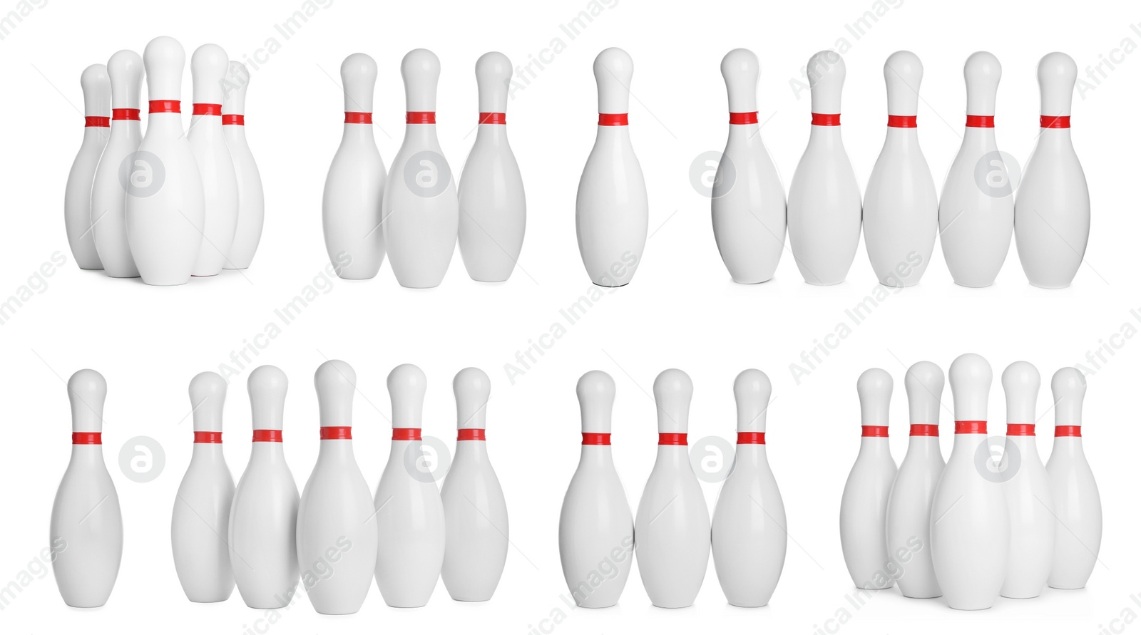 Image of Set of bowling pins with red stripes on white background