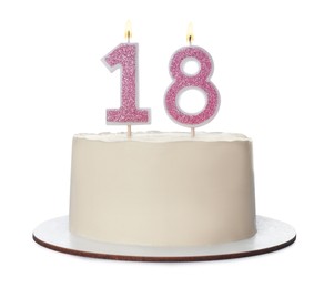 Photo of 18th birthday. Delicious cake with number shaped candles for coming of age party isolated on white
