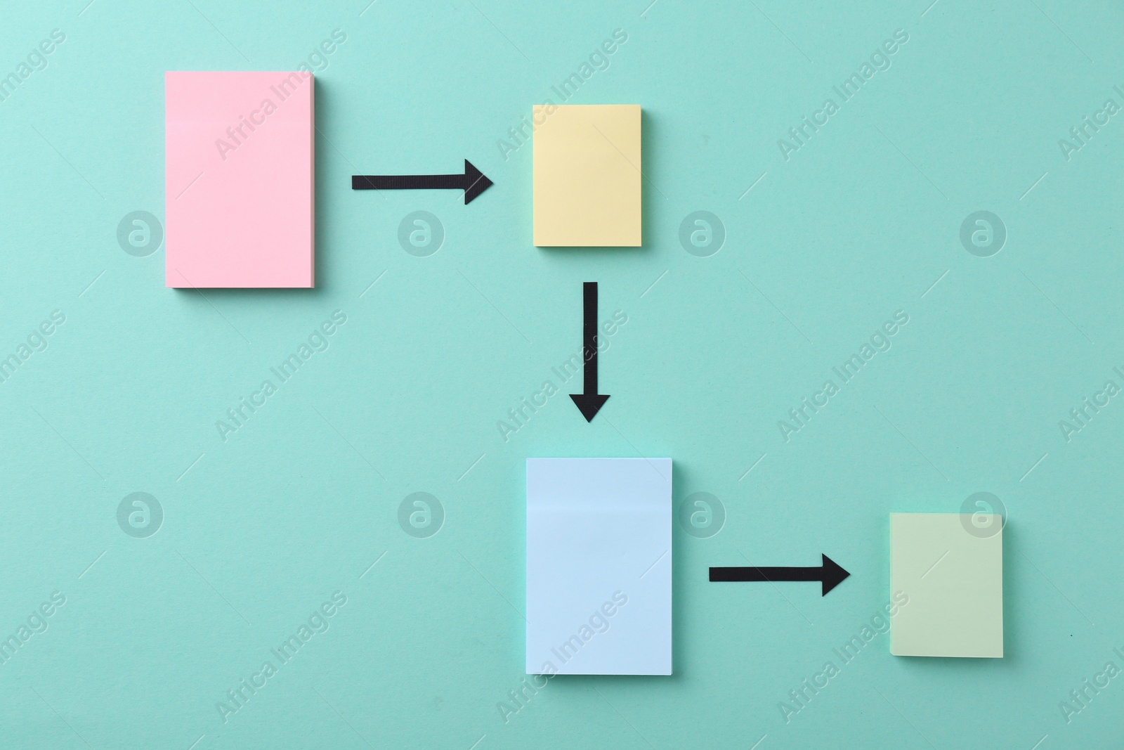 Photo of Business process organization and optimization. Scheme with paper notes and arrows on turquoise background, top view