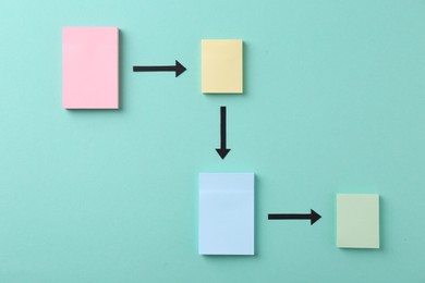 Photo of Business process organization and optimization. Scheme with paper notes and arrows on turquoise background, top view