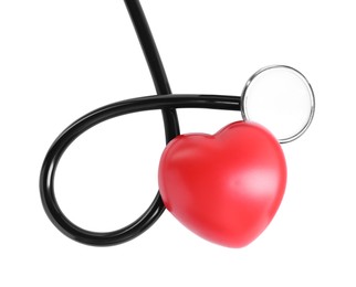 Photo of Stethoscope and red heart isolated on white, top view