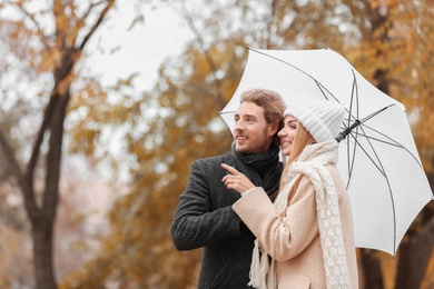 Young romantic couple with umbrella in park on autumn day