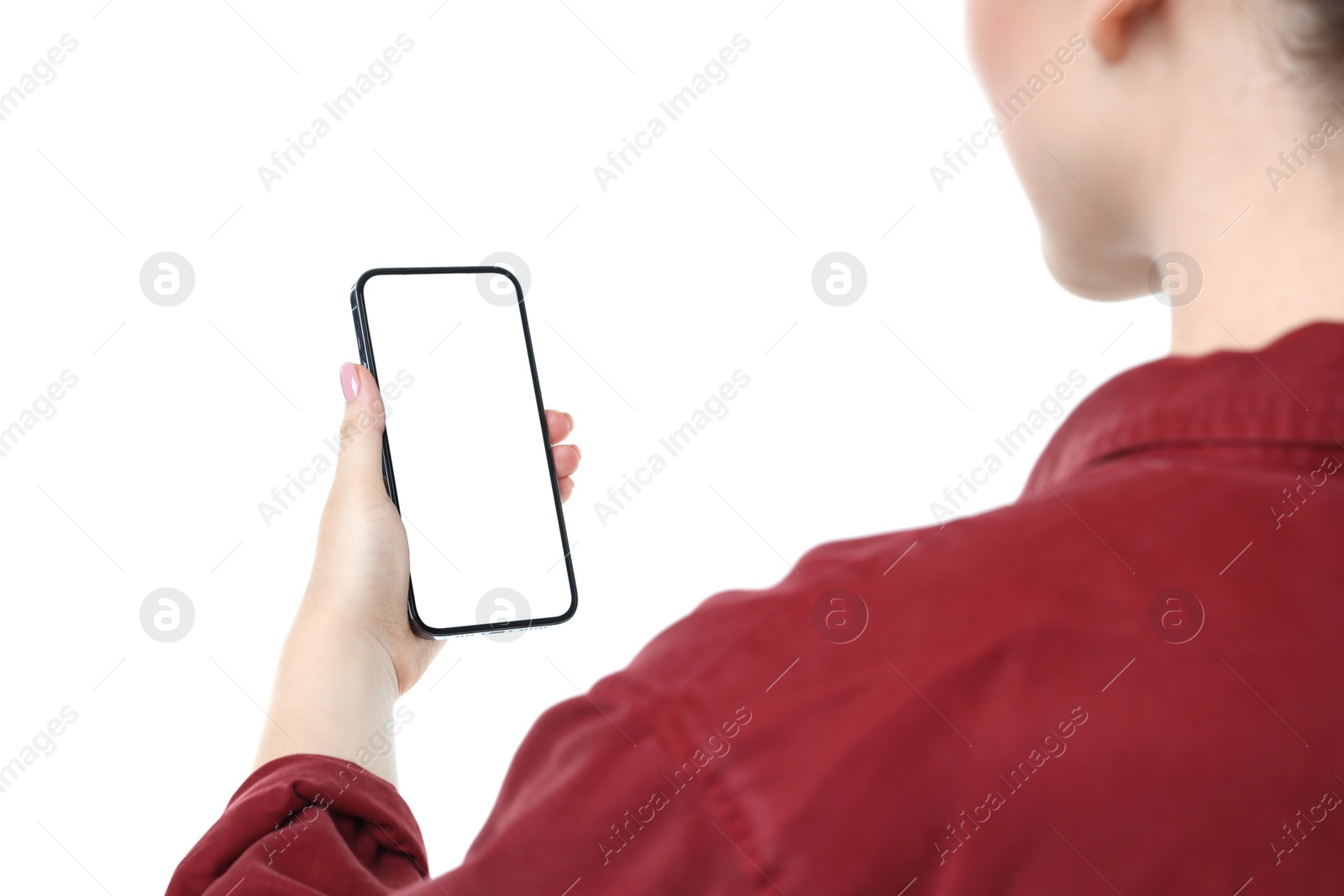 Photo of Woman holding smartphone with blank screen on white background, closeup. Mockup for design