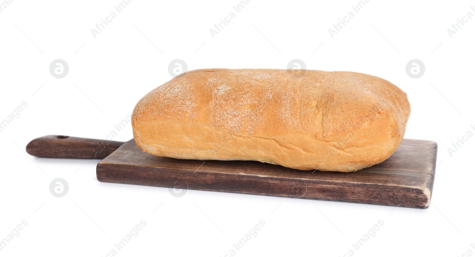 Photo of Wooden board with delicious freshly baked crispy ciabatta isolated on white