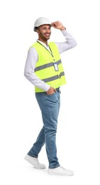 Photo of Engineer with hard hat and badge on white background