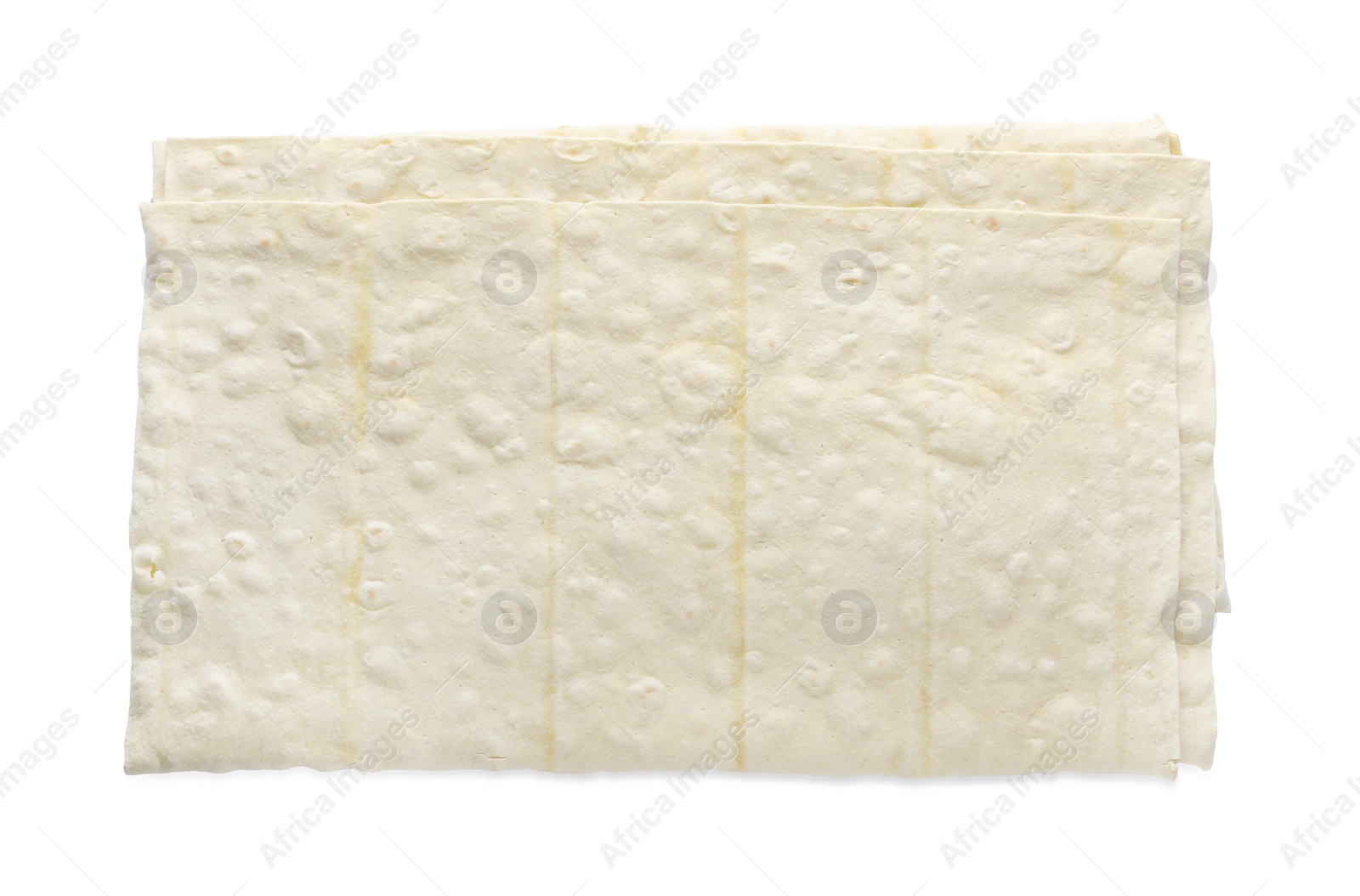 Photo of Delicious folded Armenian lavash on white background, top view