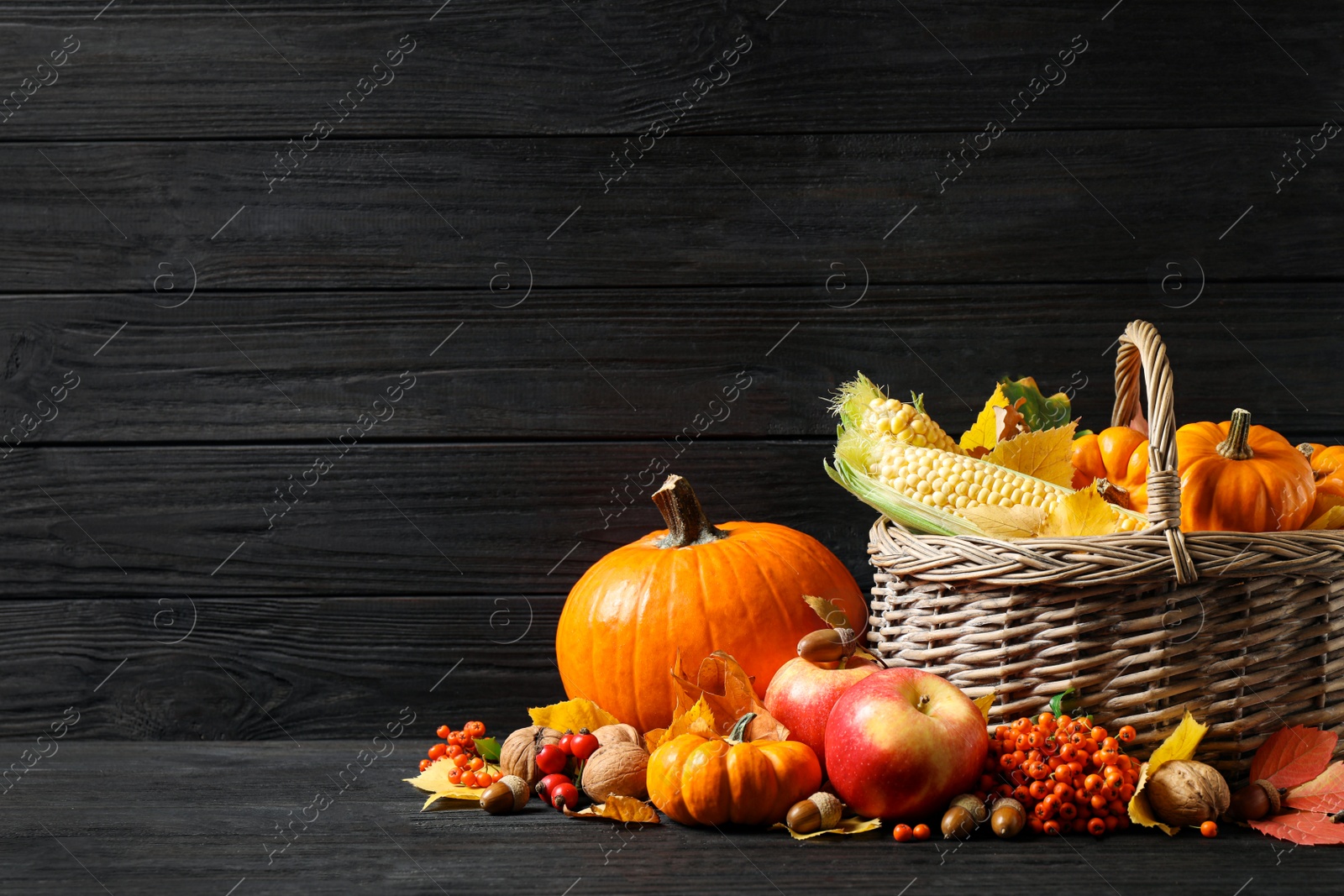 Photo of Composition with vegetables, fruits and autumn leaves on black wooden table, space for text. Thanksgiving Day