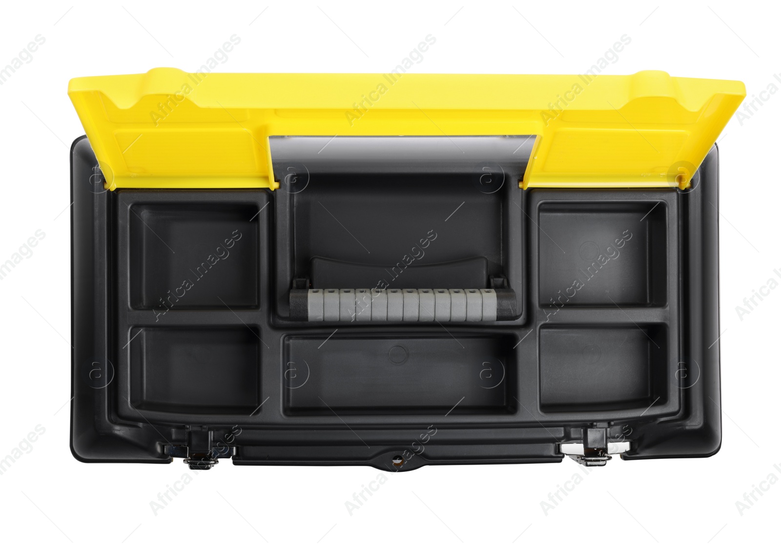 Photo of Plastic box for tools isolated on white, top view