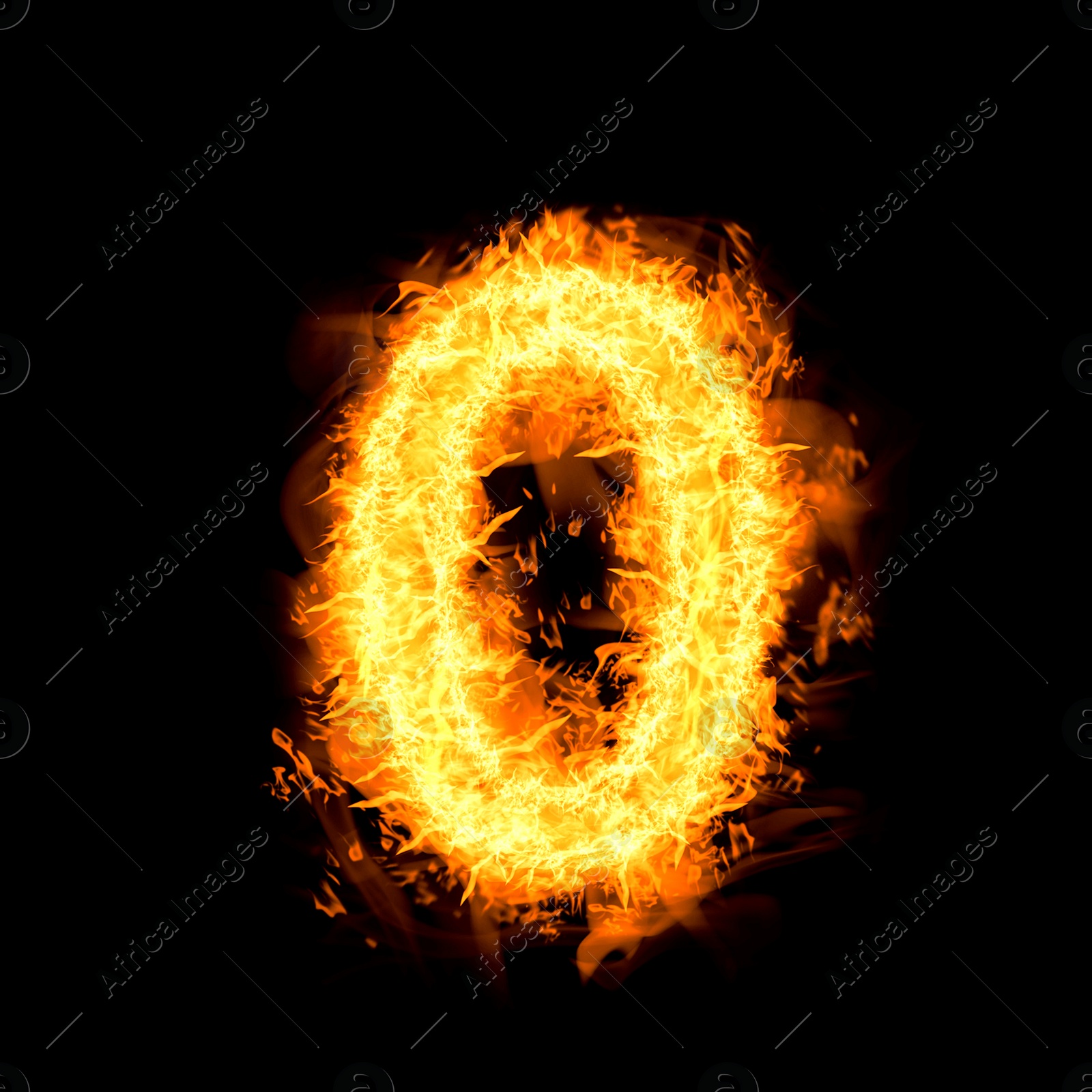 Image of Flaming zero on black background. Stylized number design