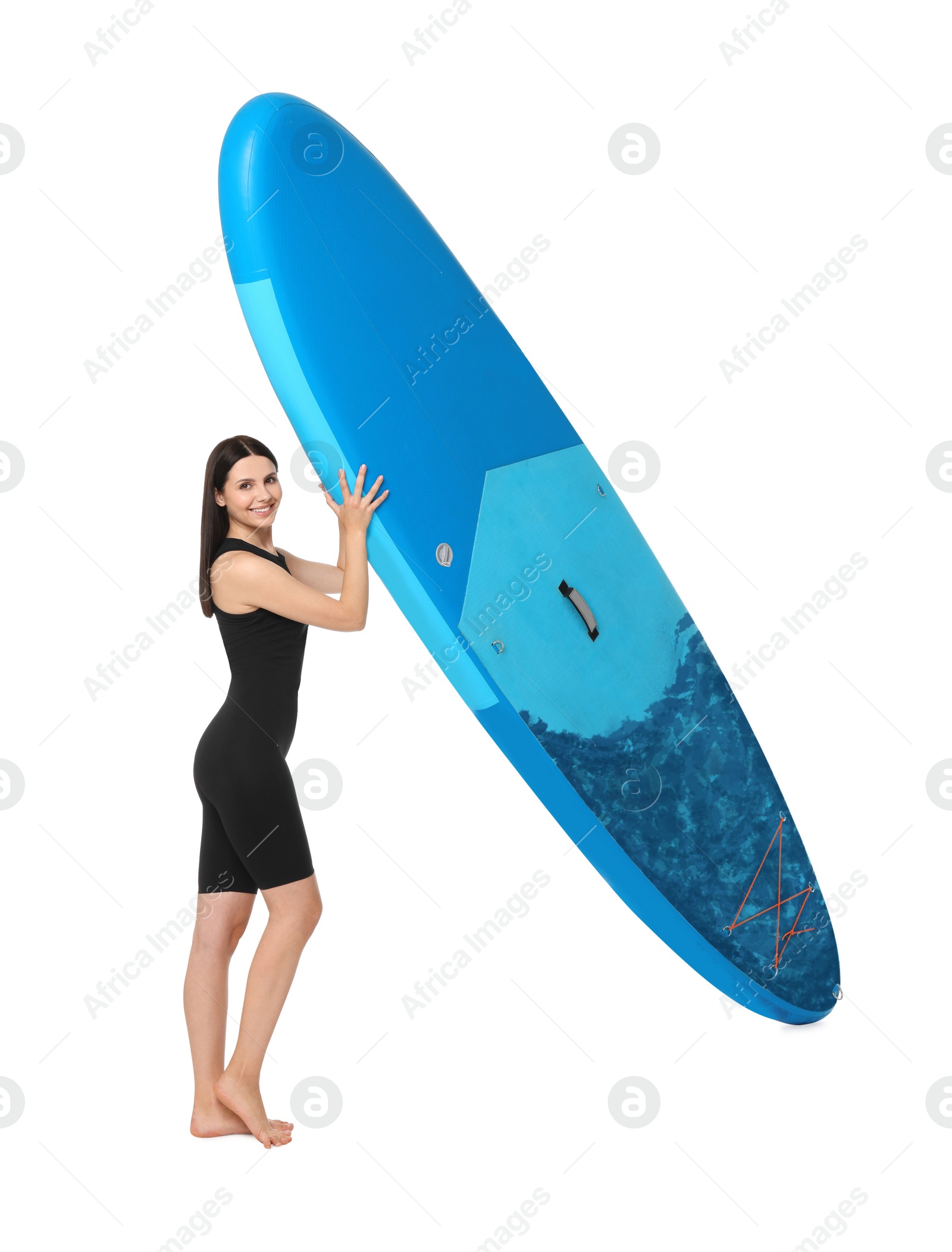 Photo of Happy woman with blue SUP board on white background