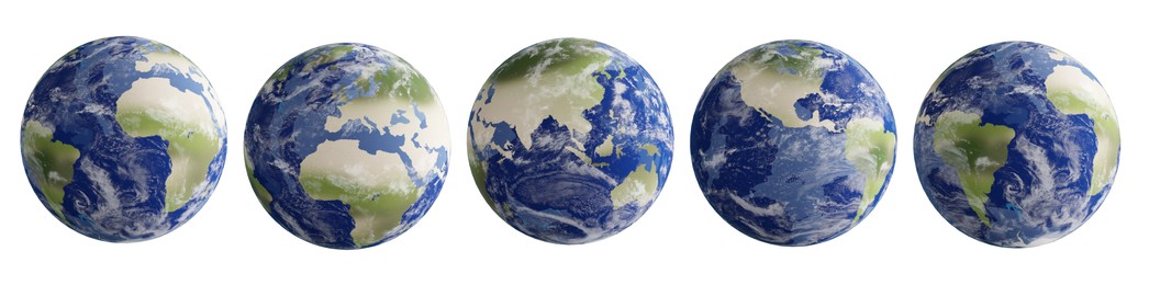 Illustration of Illustrations of planet Earth on white background, collage. Banner design