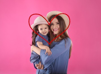Image of Illustration of red heart and happy mother with little daughter with hats on pink background