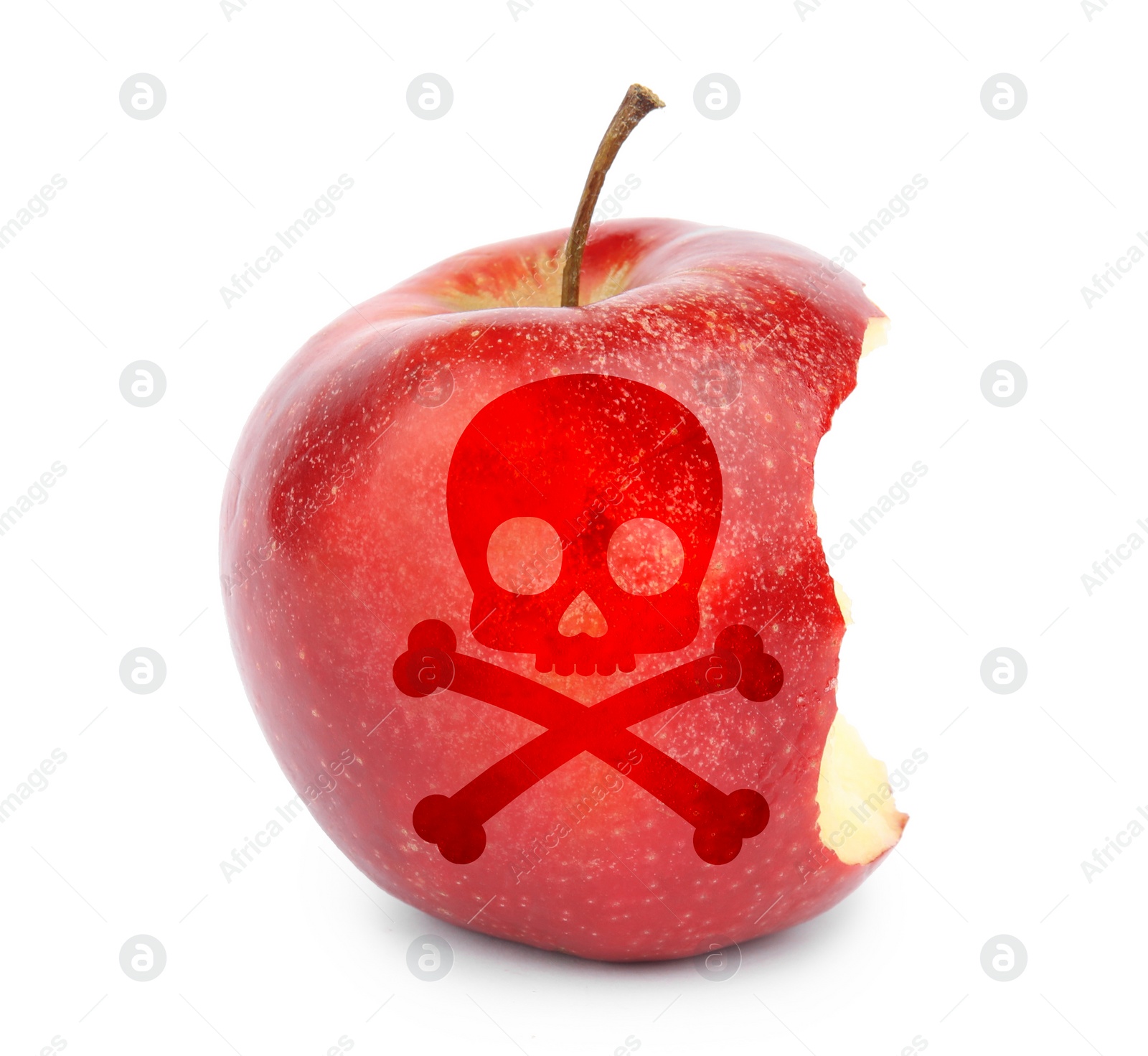 Image of Bitten poison apple with skull and crossbones image on white background