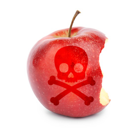 Image of Bitten poison apple with skull and crossbones image on white background