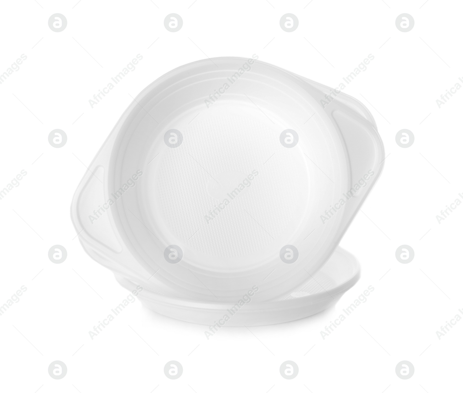 Photo of Set of disposable plastic dishware isolated on white