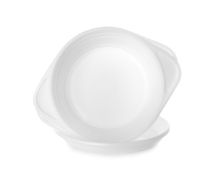 Photo of Set of disposable plastic dishware isolated on white