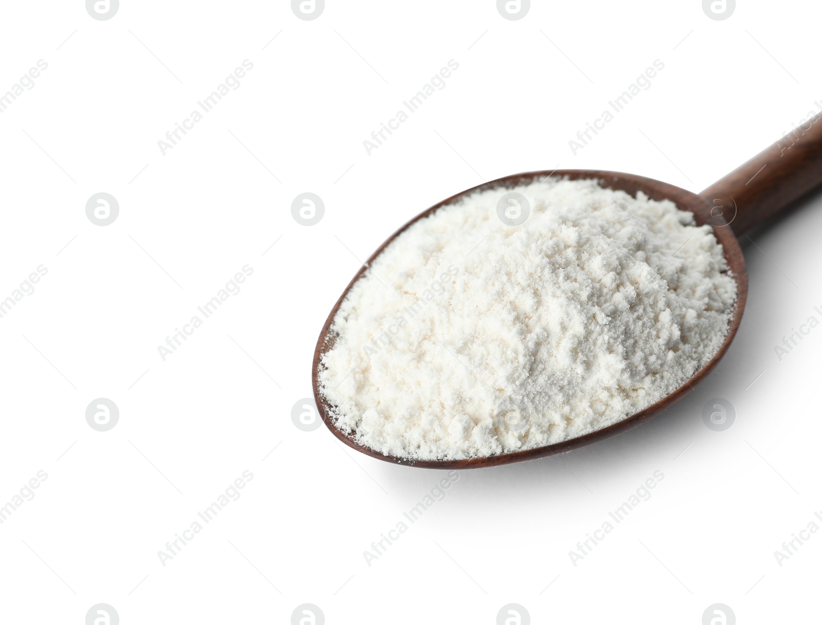 Photo of Spoon of wheat flour isolated on white