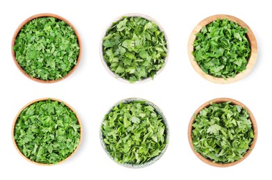 Image of Set with cut parsley in bowls isolated on white, top view