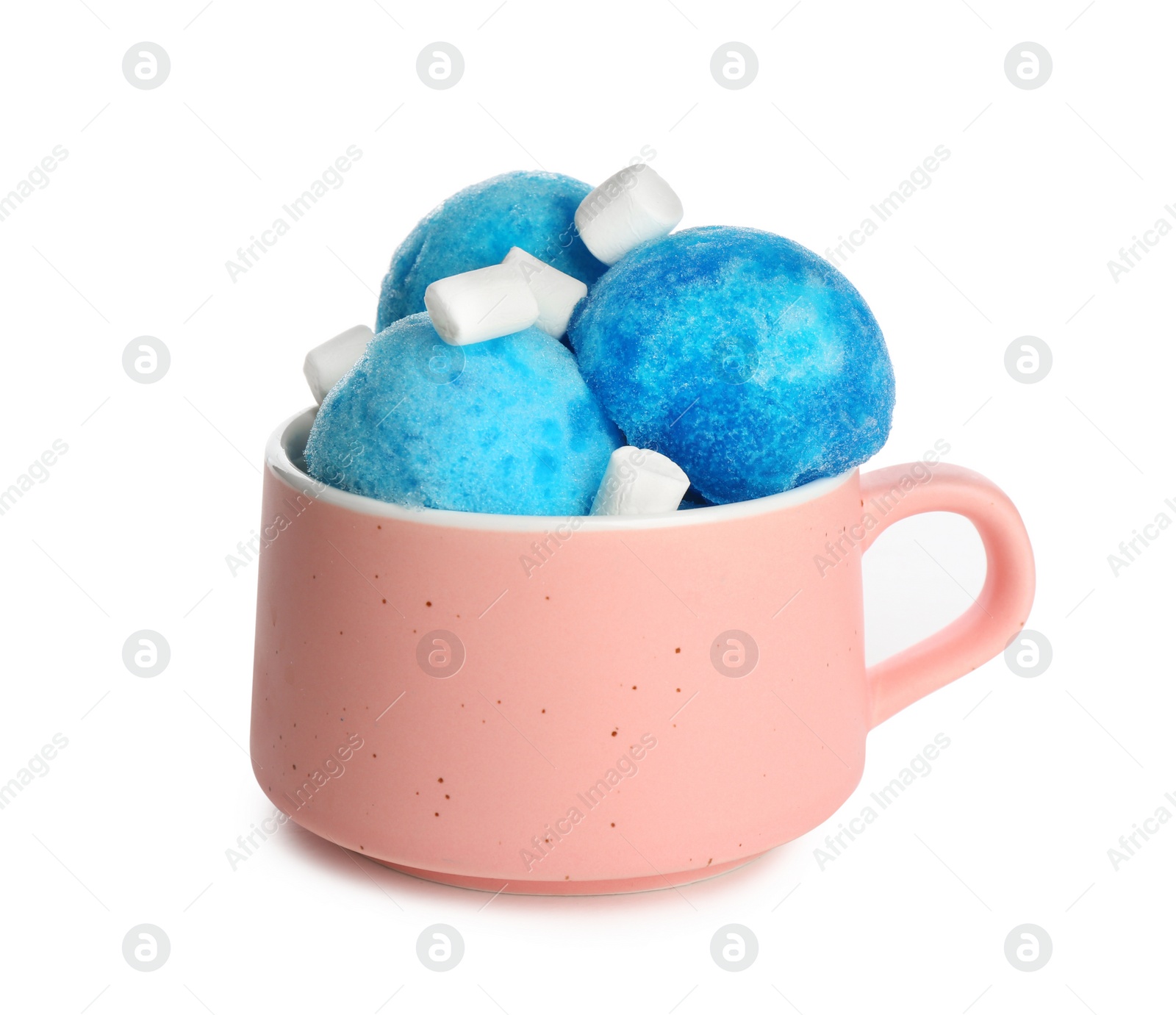 Photo of Snow ice cream with marshmallows in cup on white background