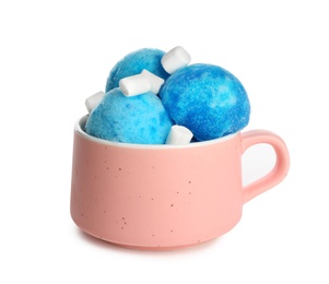 Photo of Snow ice cream with marshmallows in cup on white background