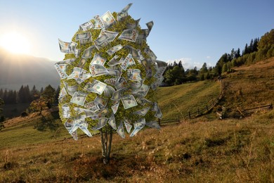 Image of Money tree on pasture in mountains. Concept of financial growth and passive income