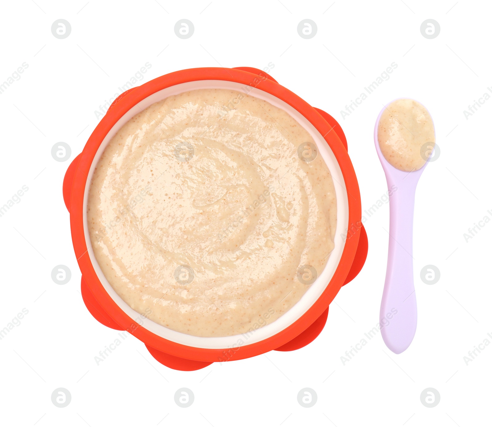 Photo of Tasty baby food in bowl and spoon isolated on white, top view