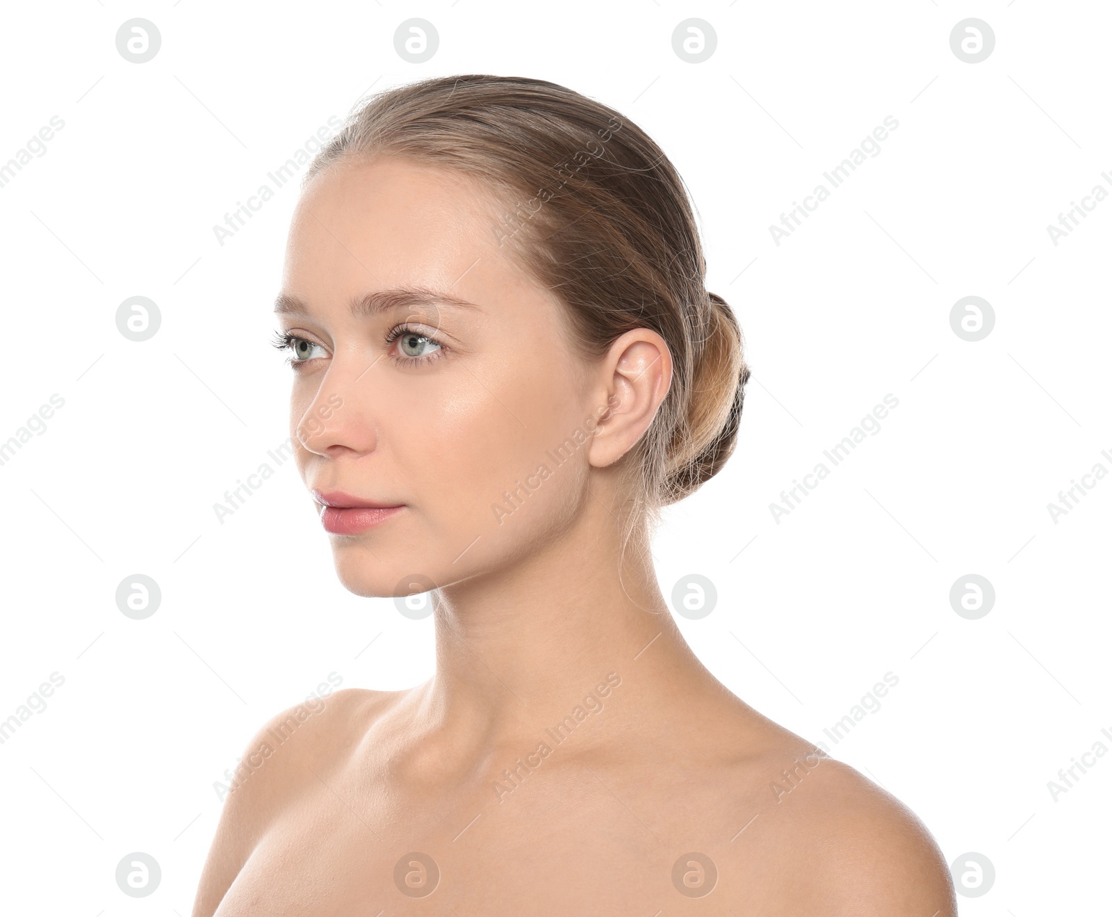 Photo of Portrait of beautiful young woman on white background. Lips contouring, skin care and cosmetic surgery concept