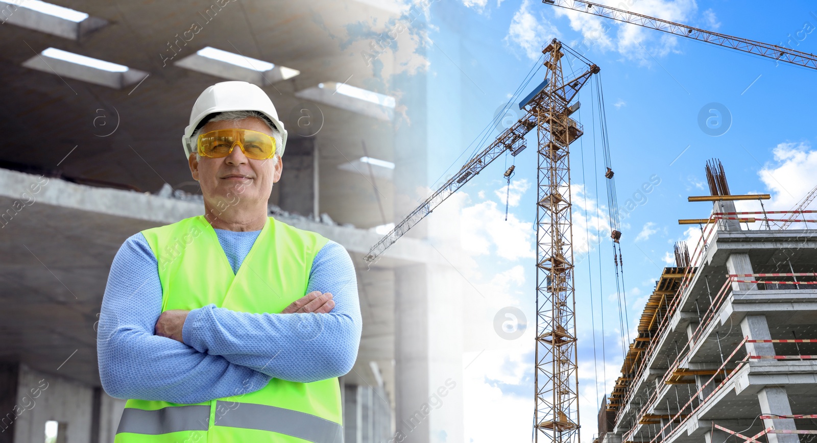 Image of Double exposure of engineer at construction site and unfinished building