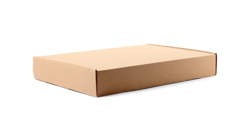 Photo of Closed cardboard box on white background. Mockup for design