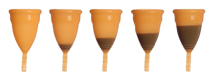 Image of Orange menstrual cups on white background, collage. Banner design