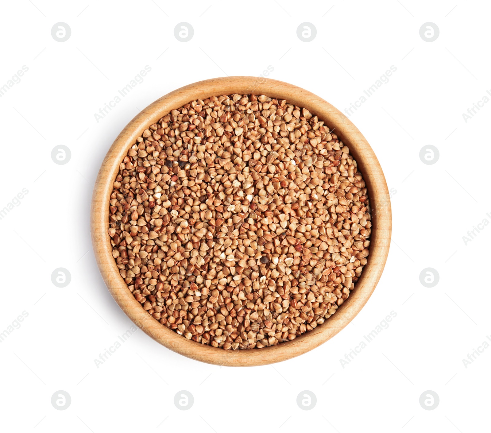 Photo of Bowl with uncooked buckwheat on white background, top view