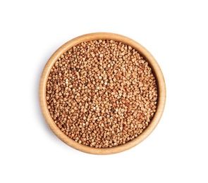 Photo of Bowl with uncooked buckwheat on white background, top view