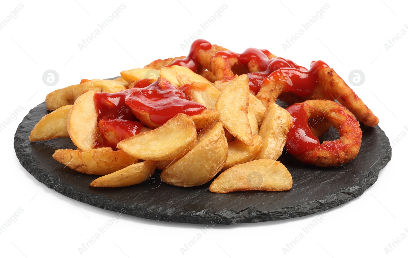 Photo of Delicious baked potato and onion rings with ketchup on white background