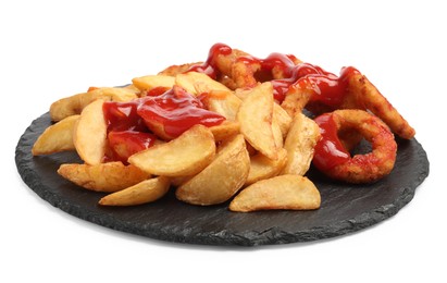 Photo of Delicious baked potato and onion rings with ketchup on white background