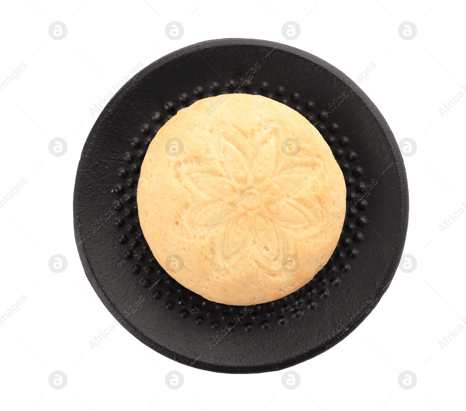 Photo of Plate with cookie for Islamic holidays isolated on white, top view. Eid Mubarak