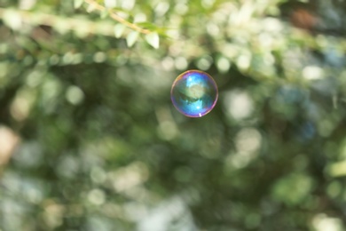 Photo of Beautiful translucent soap bubble outdoors on sunny day. Space for text