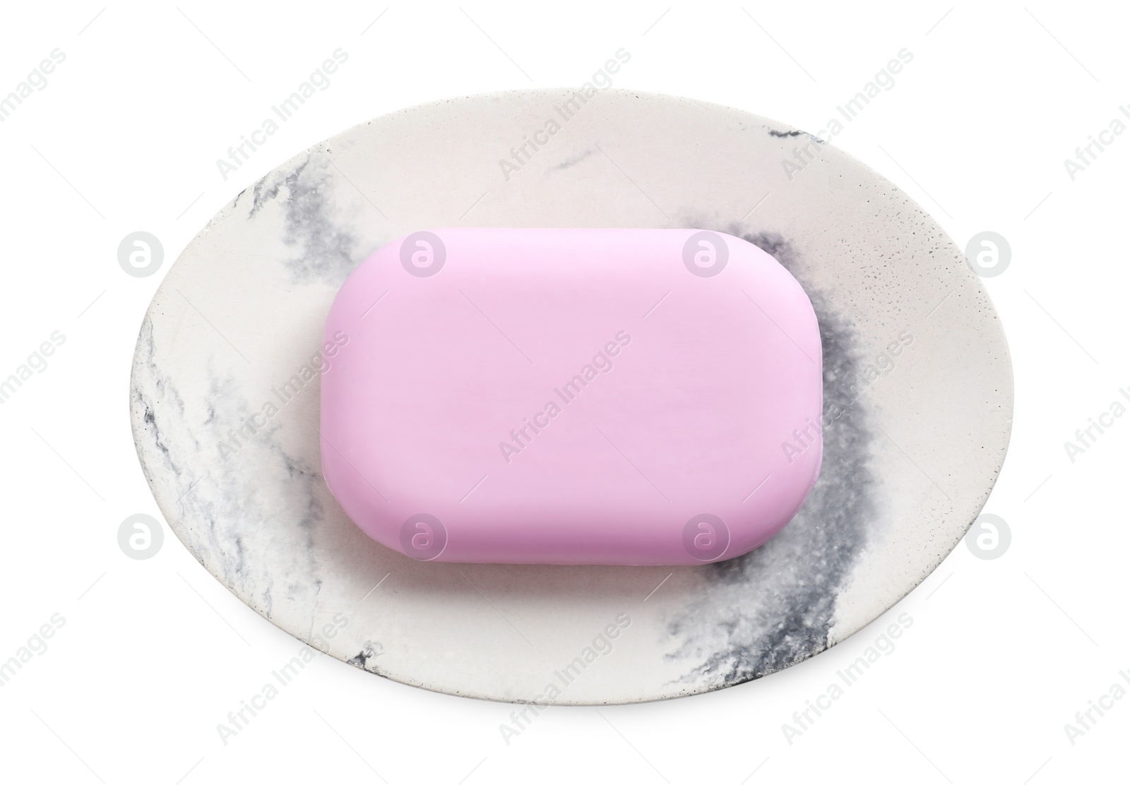 Photo of Holder with soap bar on white background, top view