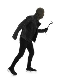 Man wearing knitted balaclava with crowbar on white background