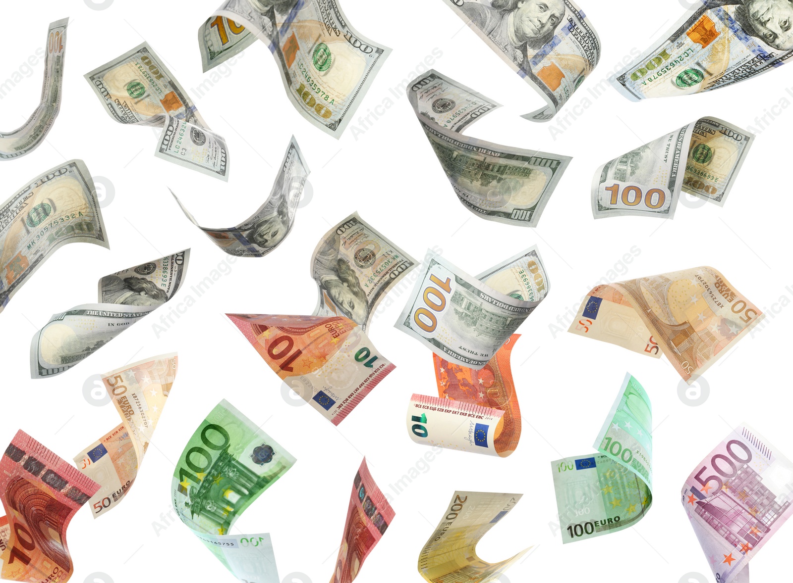 Image of Money exchange. Dollar and euro banknotes falling on white background