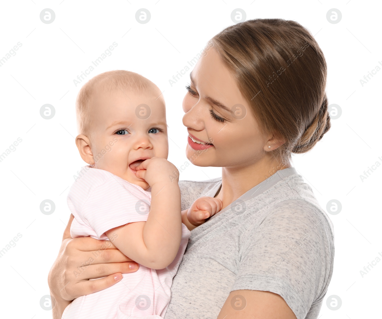 Photo of Portrait of happy mother with her baby isolated on white