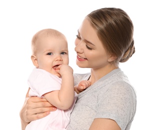 Photo of Portrait of happy mother with her baby isolated on white