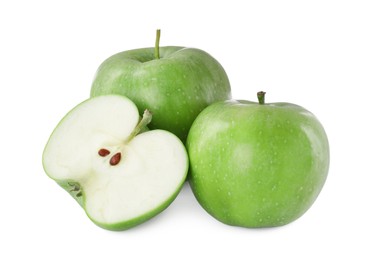 Photo of Whole and cut apples on white background