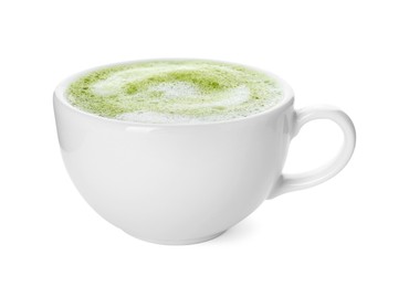 Cup of fresh matcha latte isolated on white