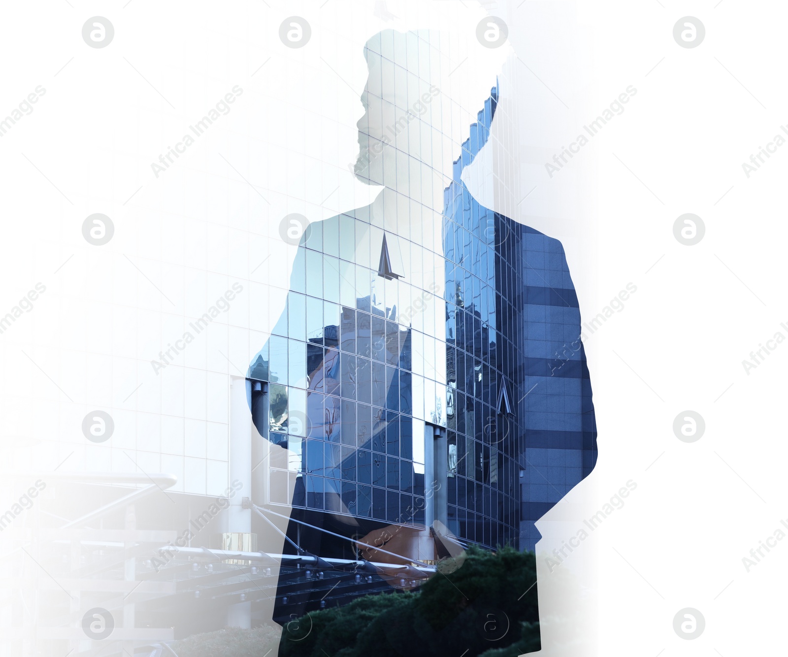 Image of Double exposure of businessman and cityscape with office buildings