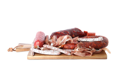 Photo of Different types of sausages on white background